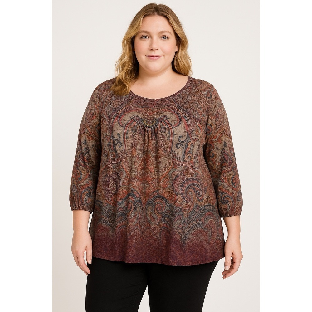 Energe World‎ Wear L Boho Paisley Print Embellished Tunic Top Brown 3/4 Sleeve